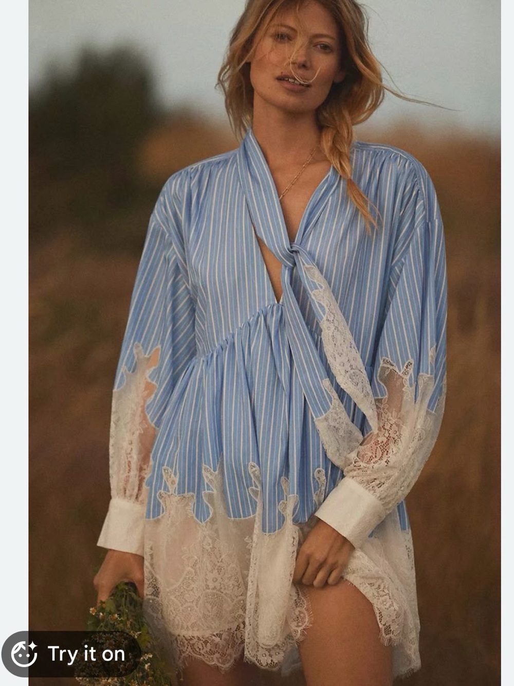 Anthropologie Maeve Sky Blue & White Striped Lace-Trim Shirt